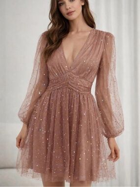 Double Crazy Rose Gold Sequin Tulle Mini Dress